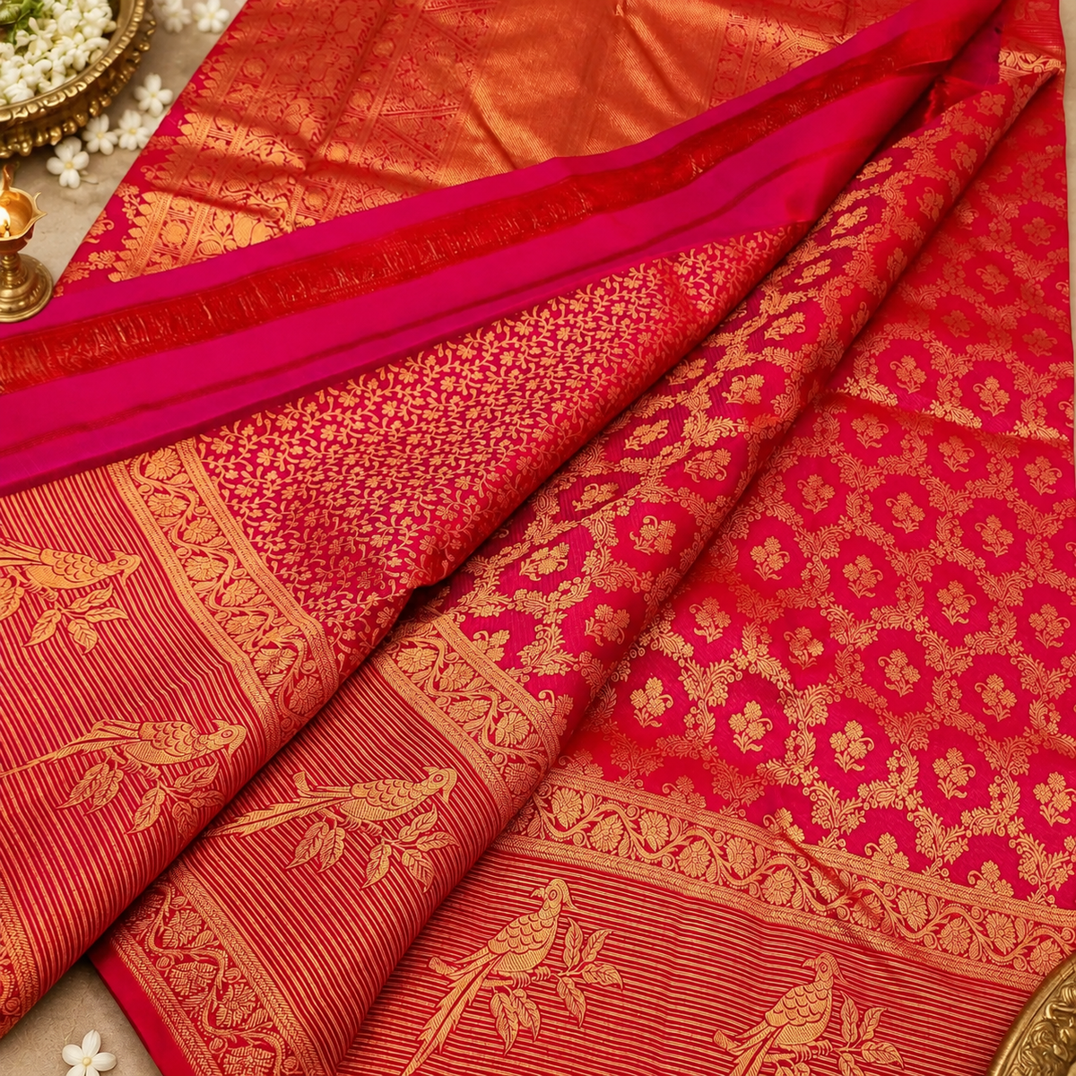 Designer Red Banarasi Silk Saree with Golden Bird Motif Border