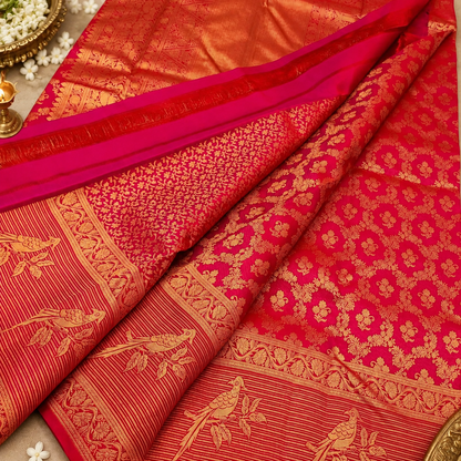 Designer Red Banarasi Silk Saree with Golden Bird Motif Border