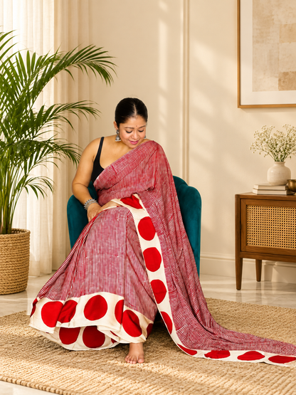 Designer Red Handblock Micro-Striped Modal Silk Saree