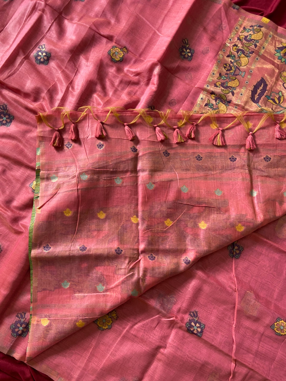 Mishika - Rose Pink Soft Muga Cotton Paithani Saree