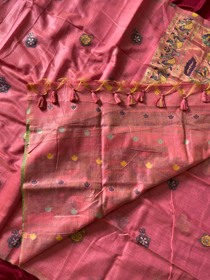 Mishika - Rose Pink Soft Muga Cotton Paithani Saree