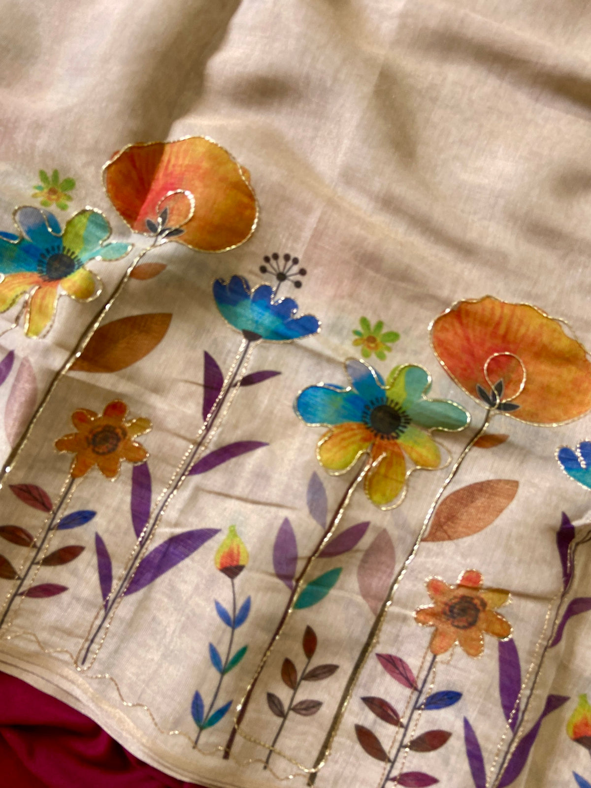 Festive Beige Blue Floral Handcrafted Aari Work Tissue Silk Saree