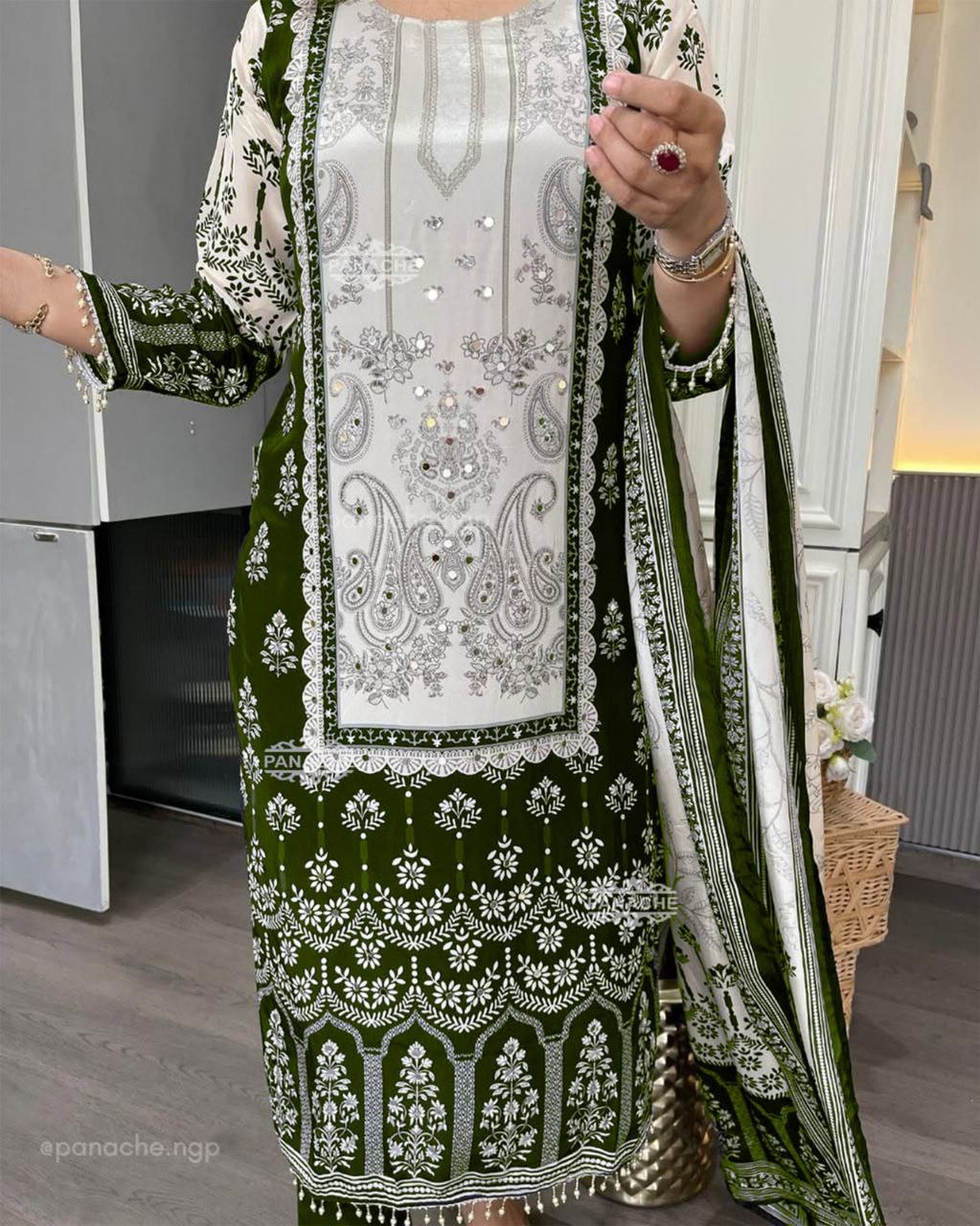 Premium Green and White Chinon Silk Salwar Suit with Premium Diamond Hand Work