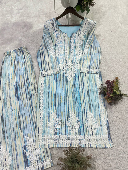Very Attractive Multi Striped Rayon Embroidery Chikankari Suit Set