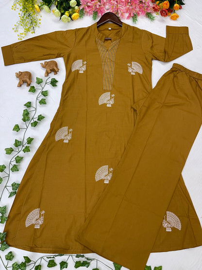 Elegant Yellow Voile Cotton A-Line Kurta Set with Peacock Thread Embroidery