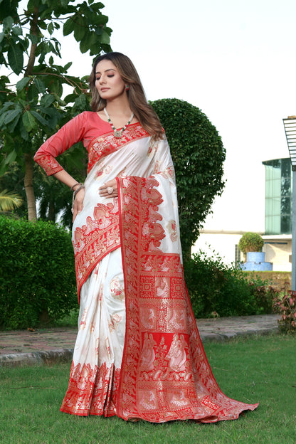 White & Red Soft Banarasi Silk Saree With Zari Weaving Work