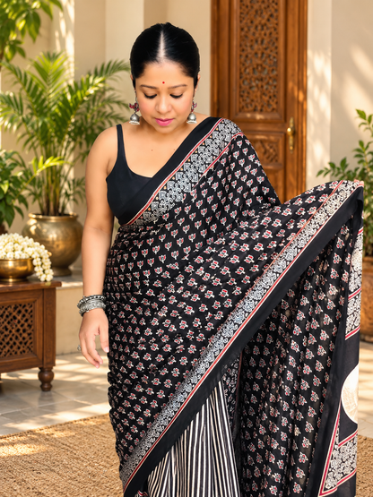 Very Beautiful Ajrakh Hand Block Printed Modal Silk Saree