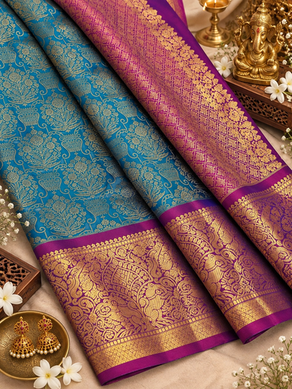 Awesome Teal Blue Pure Kanjivaram Silk Saree with Antique Gold Zari