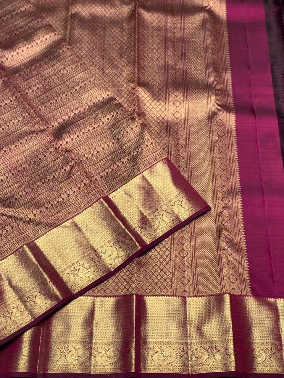 Traditional Wine Soft Banarasi Silk Saree with Pure Gold Zari Bird Motif Border