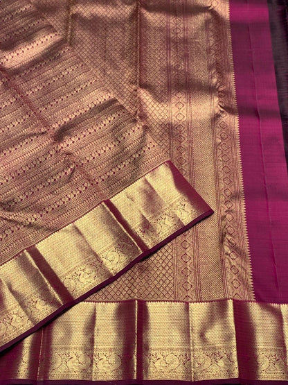 Traditional Wine Soft Banarasi Silk Saree with Pure Gold Zari Bird Motif Border