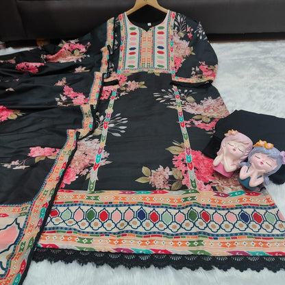 Very Attractive Floral Printed Muslin Suit Set with Sequin Embroidery Work