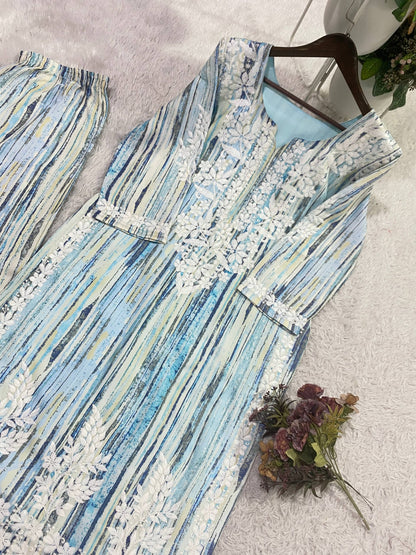 Very Attractive Multi Striped Rayon Embroidery Chikankari Suit Set