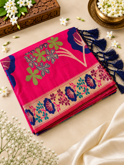 Traditional Rani Pink Soft Silk Saree with Zari Weaving and Tassels