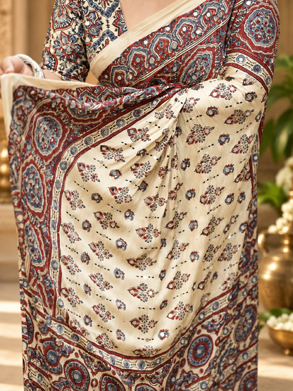 Very Beautiful Off-White Traditional Ajrakh Block-Print Gajji Silk Saree