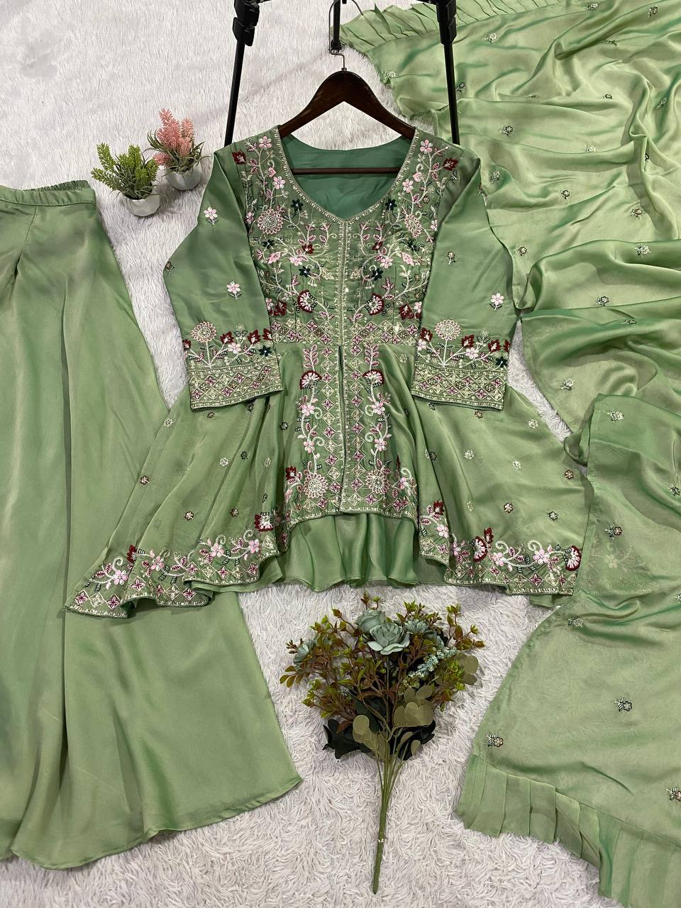 Very Attractive Teal Green Rangoli Silk Embroidered Suit Set