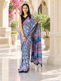 Elegant Royal Blue Semi Gajji Silk Ajrakh Print Saree with Real Mirror Work