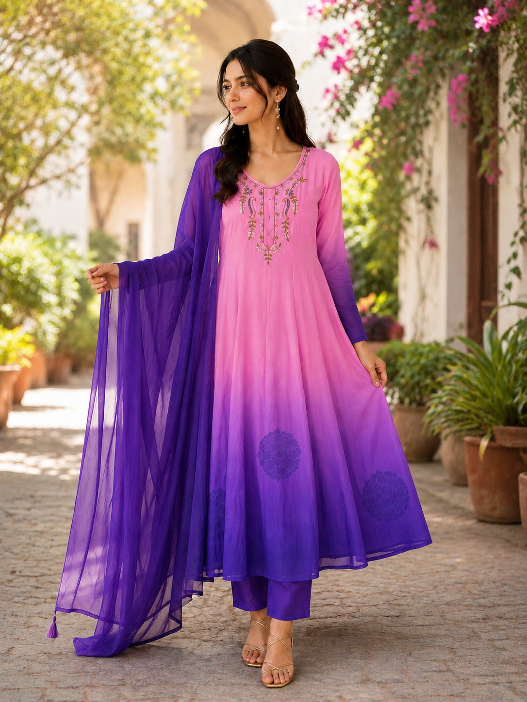 Designer Premium Orange Chiffon Embroidered Anarkali Suit Set