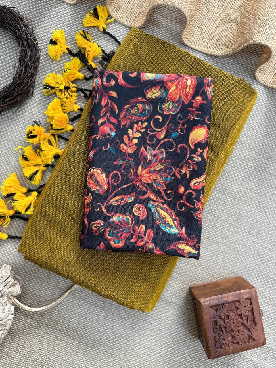 BEAUTIFUL - MUSTERED HANDLOOM COTTON SAREE WITH PRINTED BLOUSE