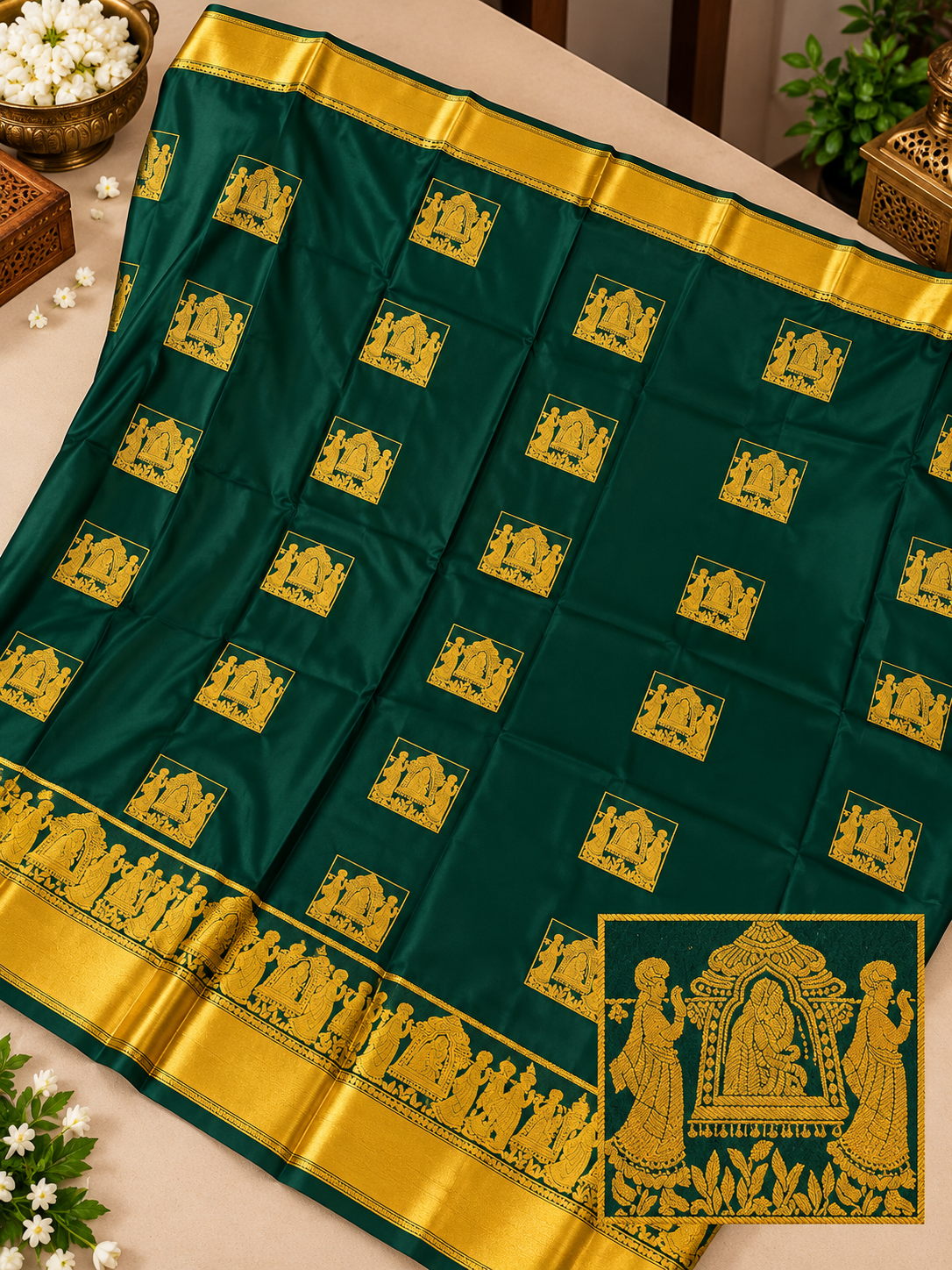 Festive Dark Green Soft Banarasi Silk Saree with With Deserving Blouse Piece