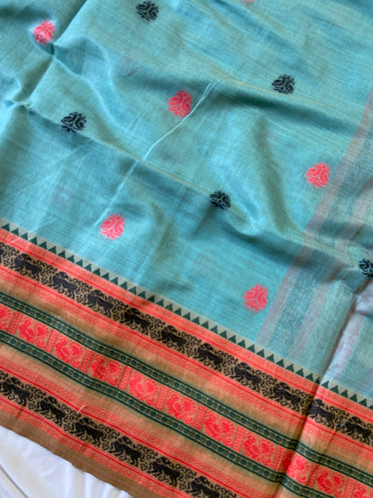 Traditional Sea Green Soft Muga Cotton Saree with Traditional Border and Tassels