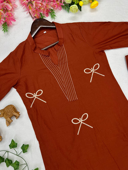 Elegant Terracotta Voile Cotton A-Line Tunic Set with Thread Work