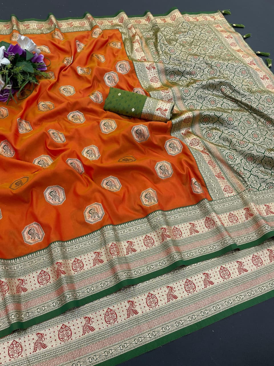 Designer Orange Silk Saree With Royal Green Zari Border For Women