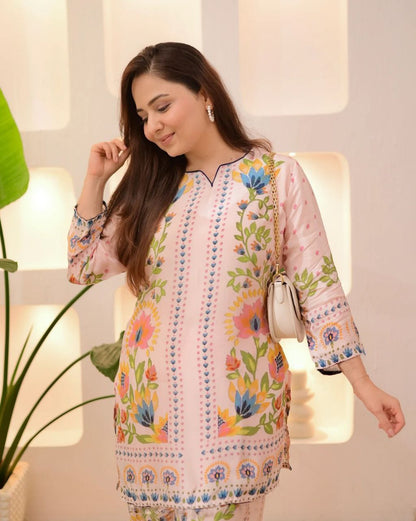 Very Beautiful Pink Soft Muslin Digital Printed Co-Ord Set