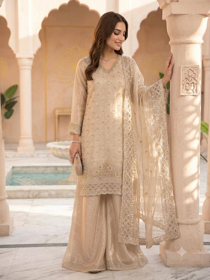 New Designer Golden Fandy Silk Embroidered Suit Set with Organza Dupatta