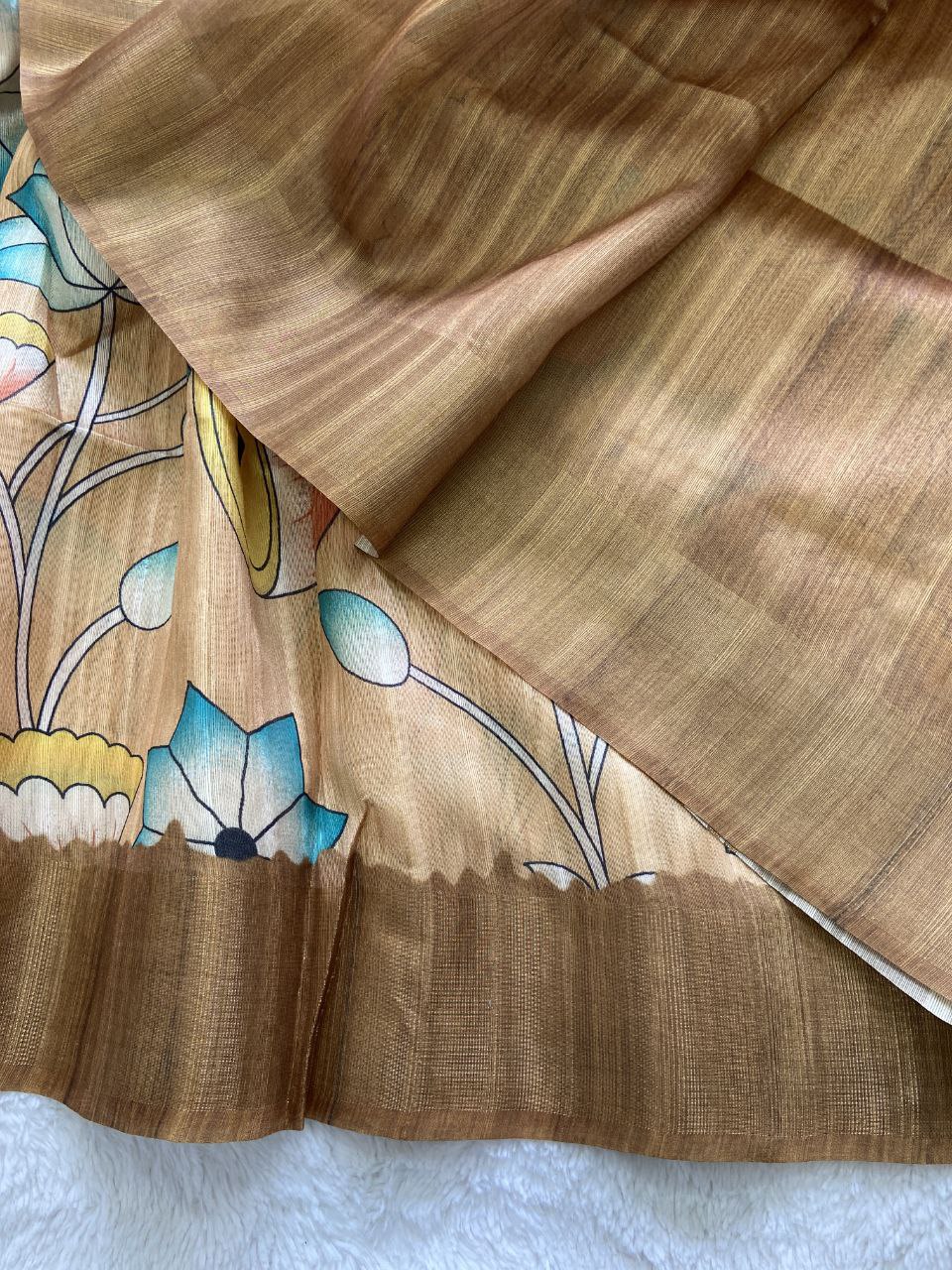 Beige Gold Soft Tussar Silk Saree with Modern Floral Print & Contrast Zari Border