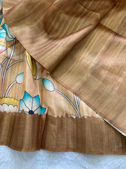 Beige Gold Soft Tussar Silk Saree with Modern Floral Print & Contrast Zari Border
