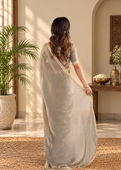 Elegant Sage Gray Fendy Silk Saree With Fancy Lace Work
