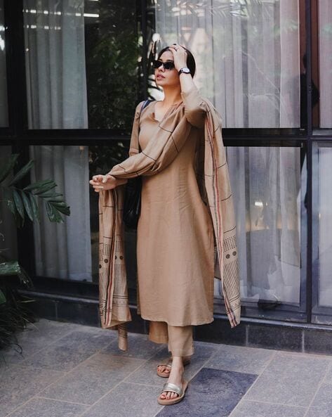 Elegant Beige Viscose Rayon Straight Kurta Pant Set with Print Dupatta