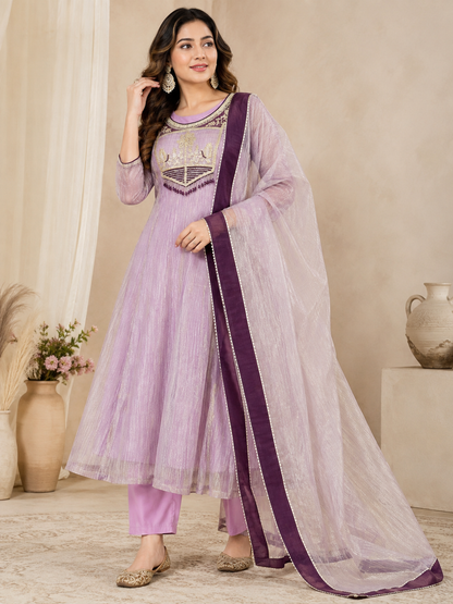 Very Beautiful Pure Salsa Silk Embroidered A-Line Anarkali Suit Set