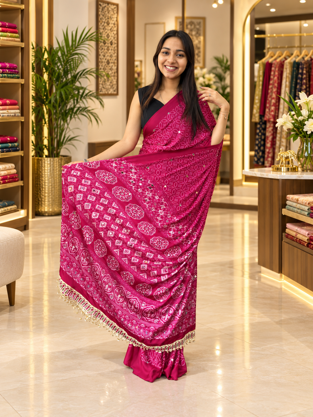 Treditional Festive Pink Gajji Silk Saree with Elegant Mirror Work & Tassels