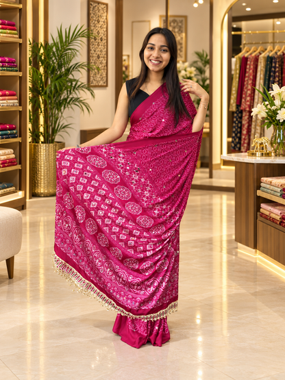 Treditional Festive Pink Gajji Silk Saree with Elegant Mirror Work & Tassels