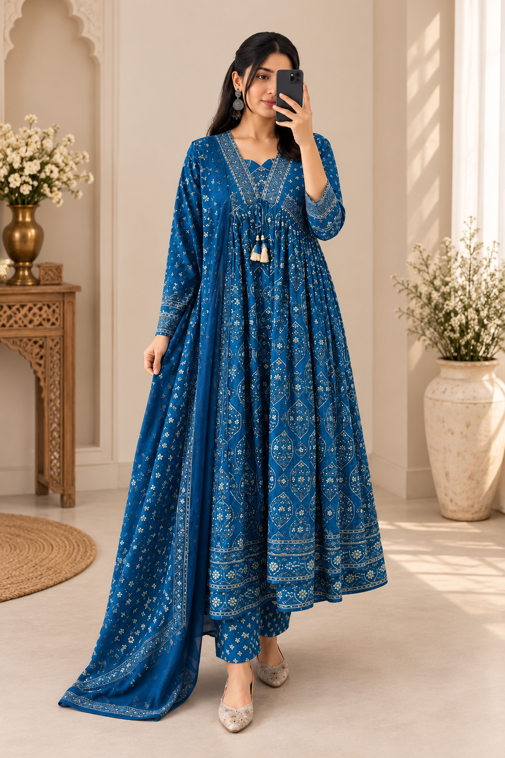 Premium Royal Blue Cotton Anarkali Suit Set