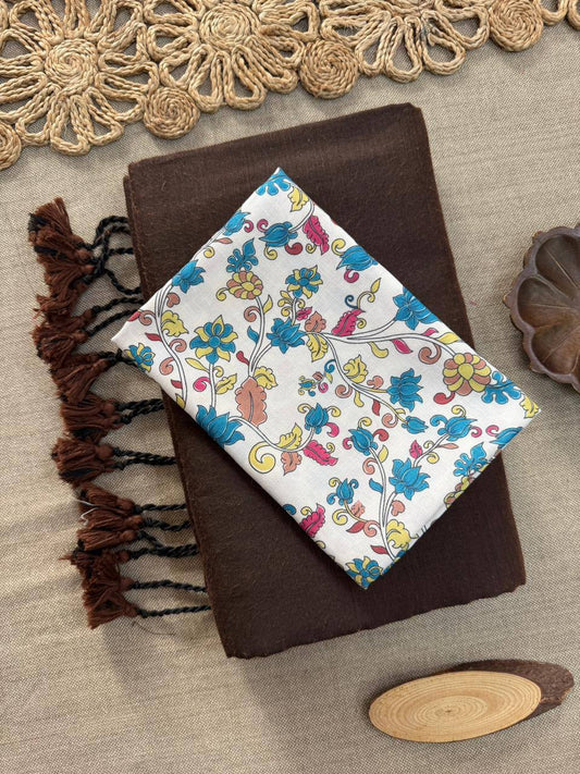 Dharma Exclusive - Brown Handloom Cotton Saree With Printed Blouse