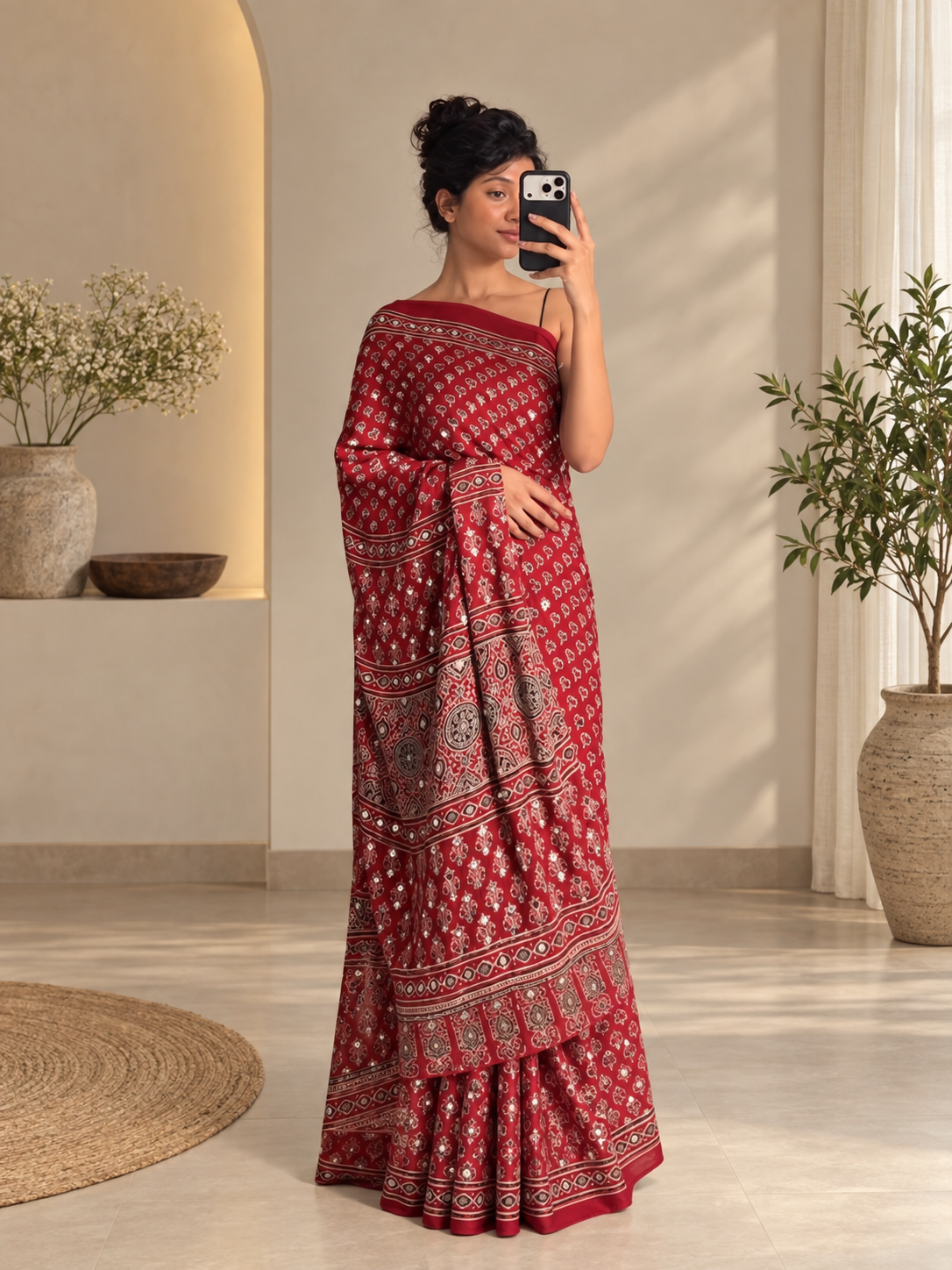 Traditional Red Pure Gajji Silk Ajrakh Saree with Handcrafted Mirror