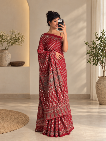 Traditional Red Pure Gajji Silk Ajrakh Saree with Handcrafted Mirror