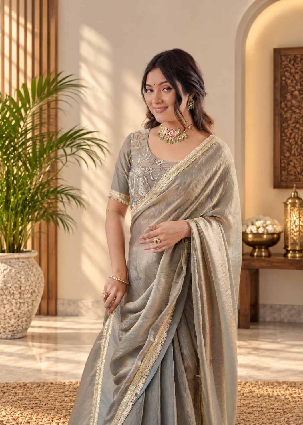 Elegant Sage Gray Fendy Silk Saree With Fancy Lace Work