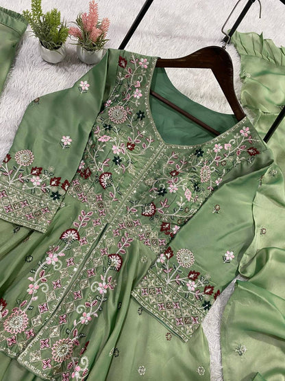 Very Attractive Teal Green Rangoli Silk Embroidered Suit Set