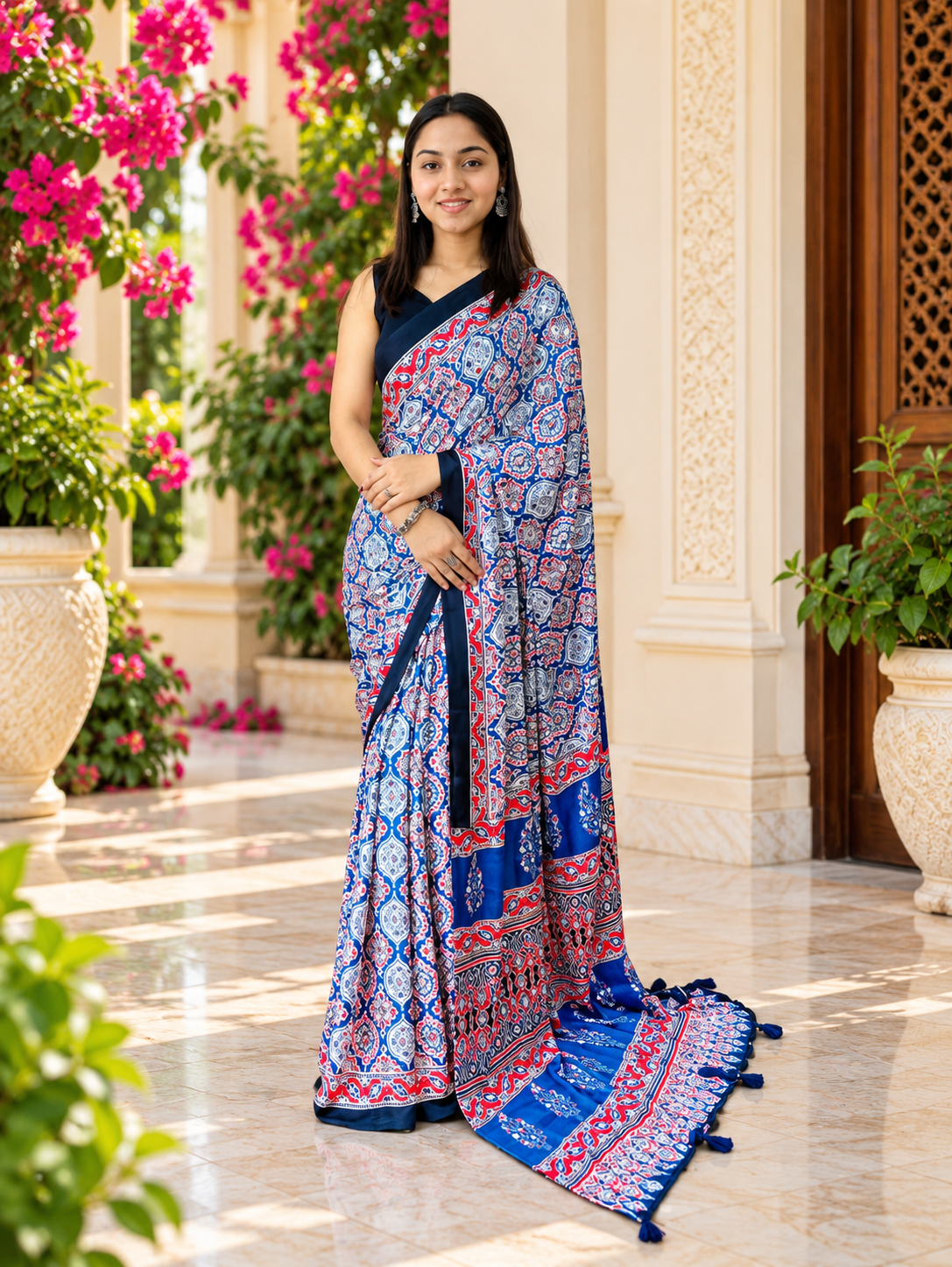 Elegant Royal Blue Semi Gajji Silk Ajrakh Print Saree with Real Mirror Work