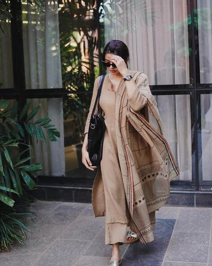 Elegant Beige Viscose Rayon Straight Kurta Pant Set with Print Dupatta