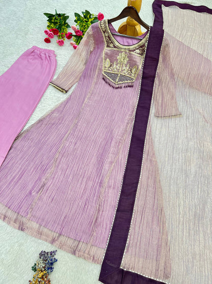 Very Beautiful Pure Salsa Silk Embroidered A-Line Anarkali Suit Set