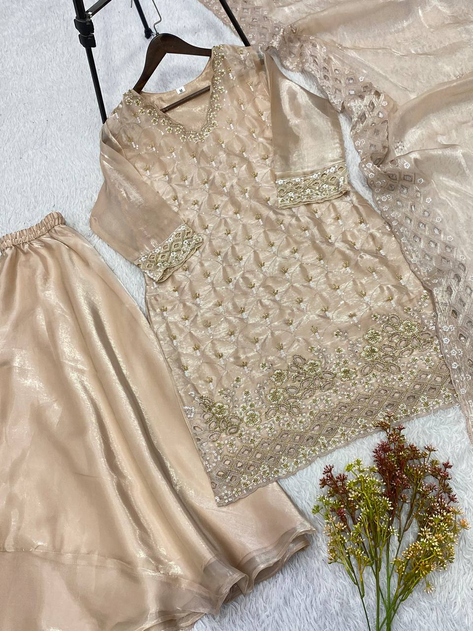 New Designer Golden Fandy Silk Embroidered Suit Set with Organza Dupatta
