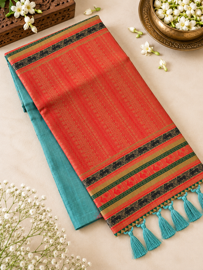 Traditional Sea Green Soft Muga Cotton Saree with Traditional Border and Tassels
