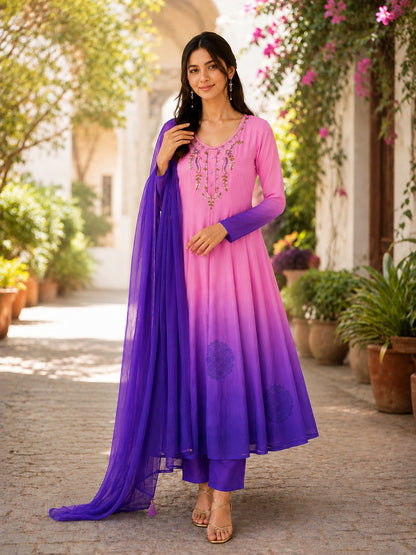 Designer Premium Orange Chiffon Embroidered Anarkali Suit Set