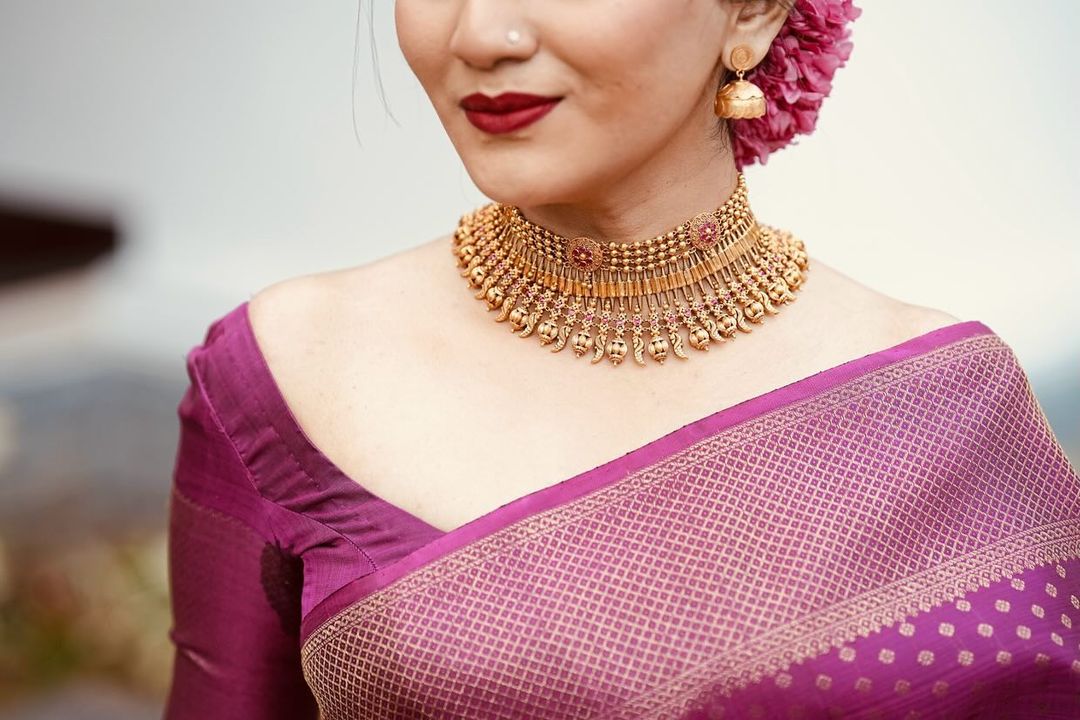 Purple Banarasi Classy Silk Saree With Copper Zari - Jacquard Blouse