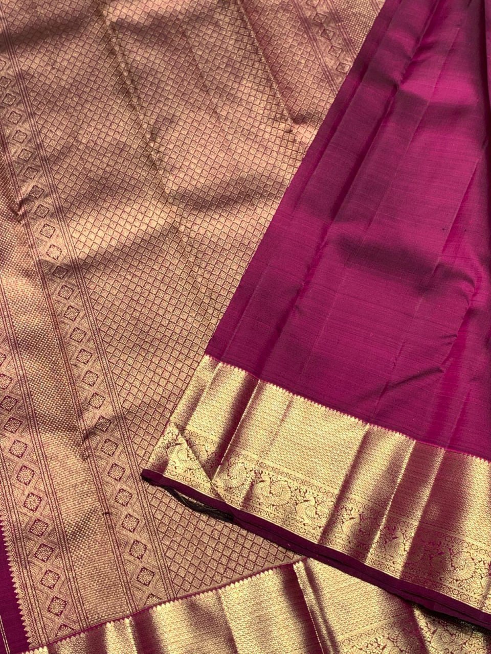 Traditional Wine Soft Banarasi Silk Saree with Pure Gold Zari Bird Motif Border