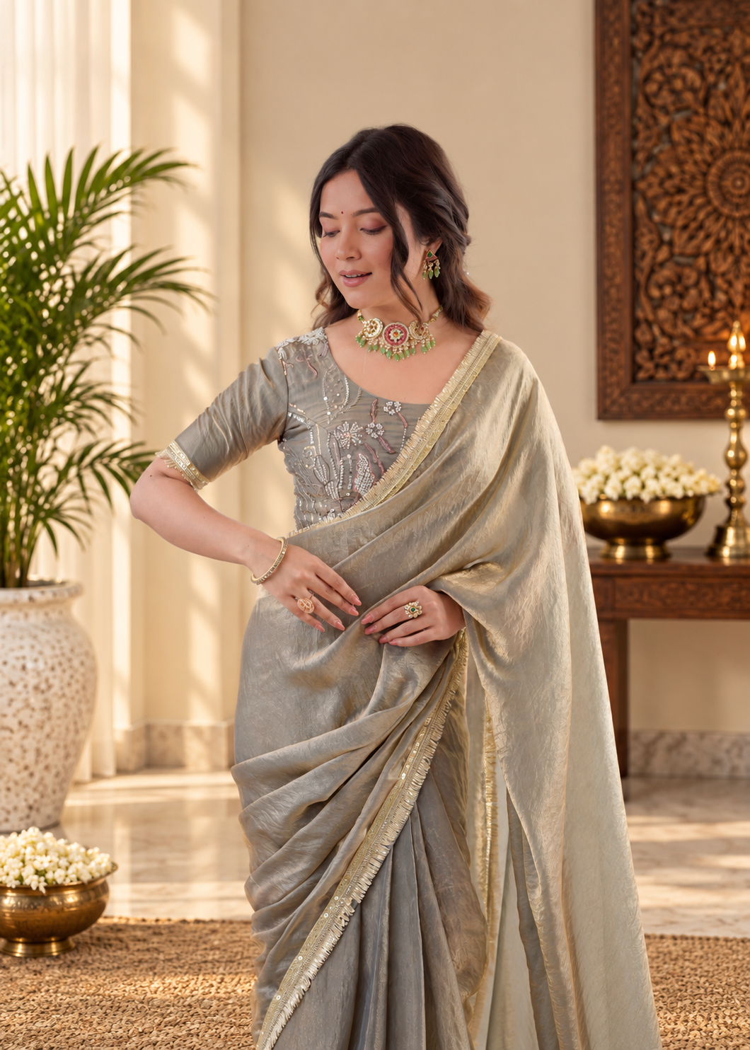 Elegant Sage Gray Fendy Silk Saree With Fancy Lace Work